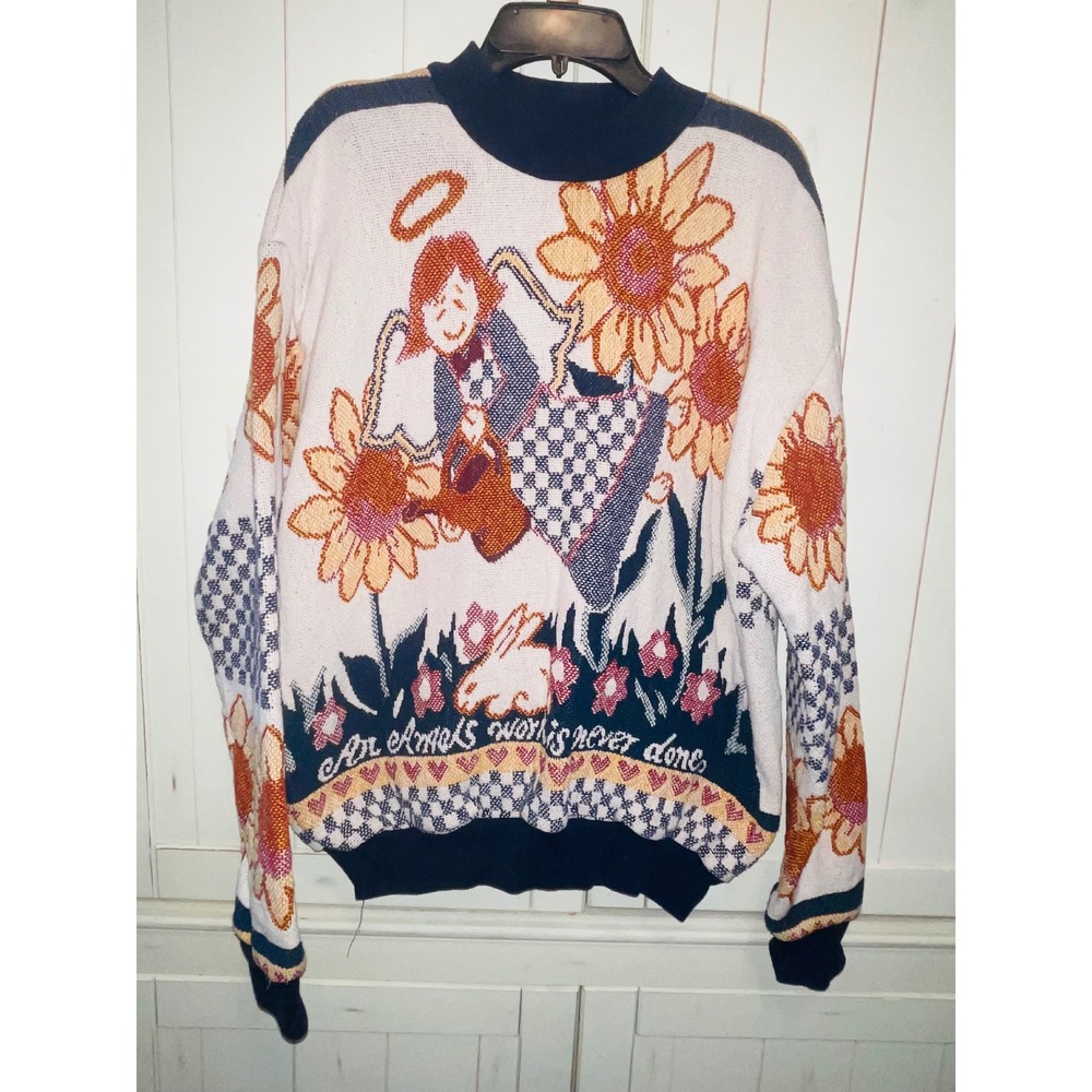 Sugar Street Weavers Womens XL Vintage Angel Sunflower Woven Cotton Sweater